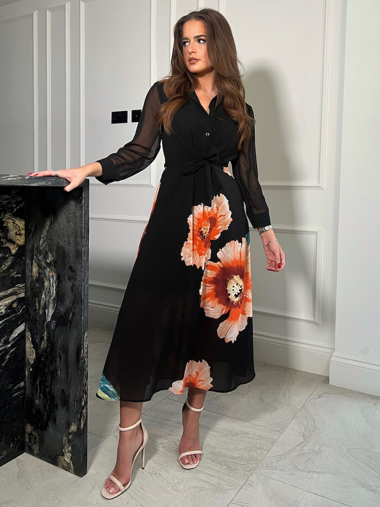 Girl In Mind Black Floral Petite Isabella Abstract Tie Front Shirt Dress - Image 1 of 4