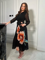 Girl In Mind Black Floral Petite Isabella Abstract Tie Front Shirt Dress - Image 2 of 4