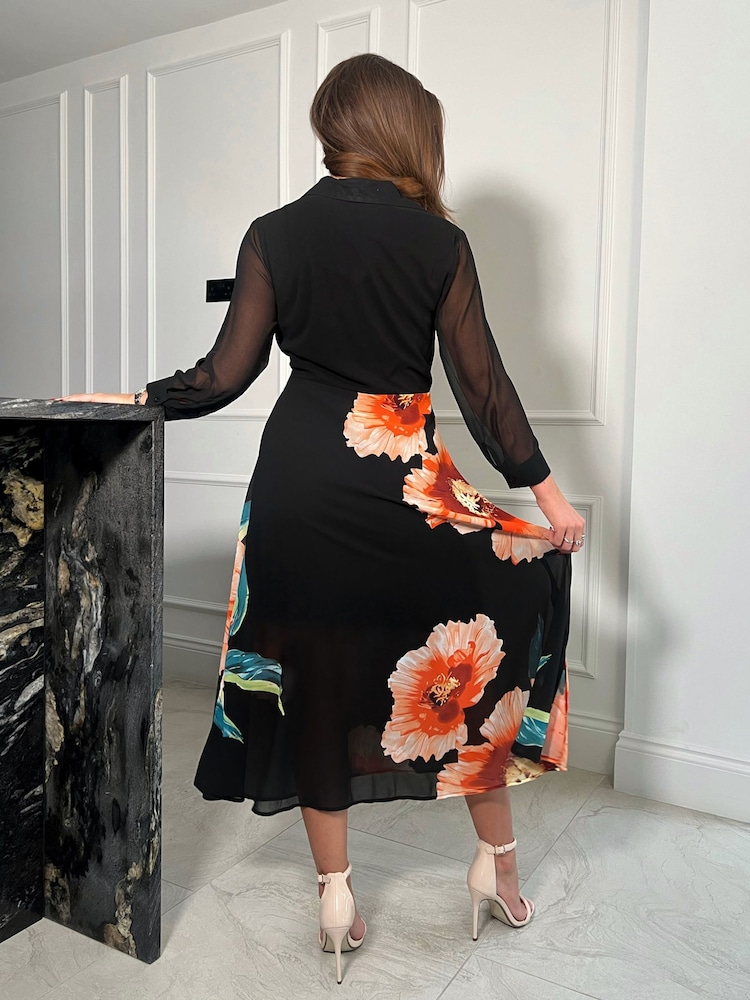 Girl In Mind Black Floral Petite Isabella Abstract Tie Front Shirt Dress - Image 4 of 4