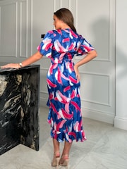 Girl In Mind Blue Vanessa Frill Detail Wrap Midi Dress - Image 3 of 4