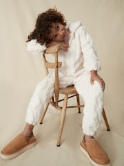 Tan Brown Faux Fur Lined Platform Ankle Strap Slippers - Image 1 of 10