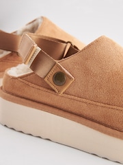 Tan Brown Faux Fur Lined Platform Ankle Strap Slippers - Image 10 of 10