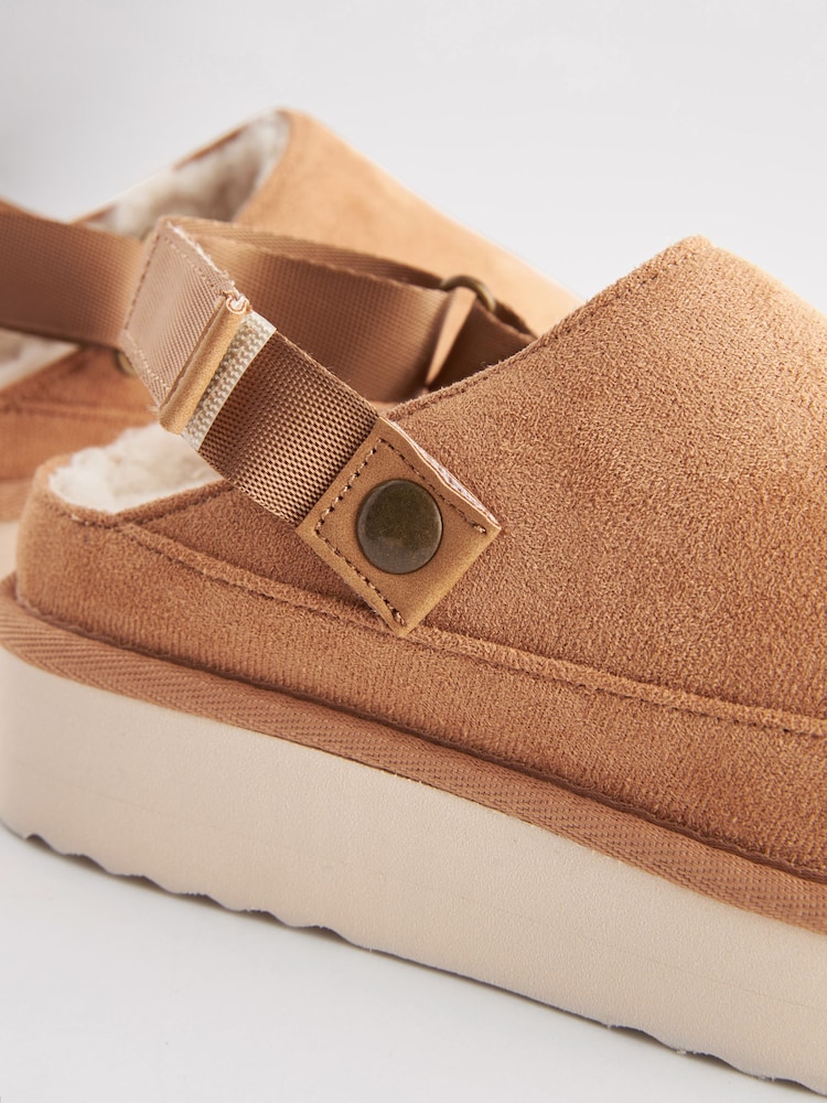 Tan Brown Faux Fur Lined Platform Ankle Strap Slippers - Image 10 of 10