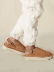 Tan Brown Faux Fur Lined Platform Ankle Strap Slippers - Image 3 of 10