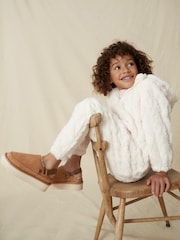 Tan Brown Faux Fur Lined Platform Ankle Strap Slippers - Image 4 of 10