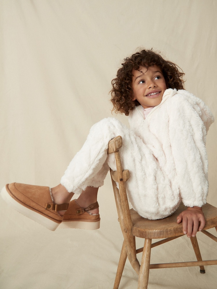 Tan Brown Faux Fur Lined Platform Ankle Strap Slippers - Image 4 of 10