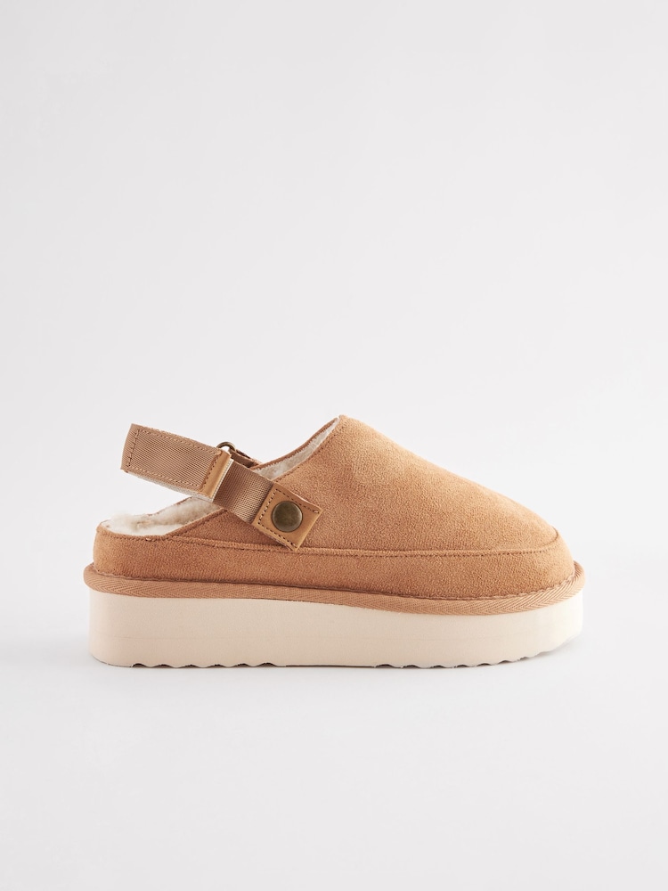 Tan Brown Faux Fur Lined Platform Ankle Strap Slippers - Image 5 of 10
