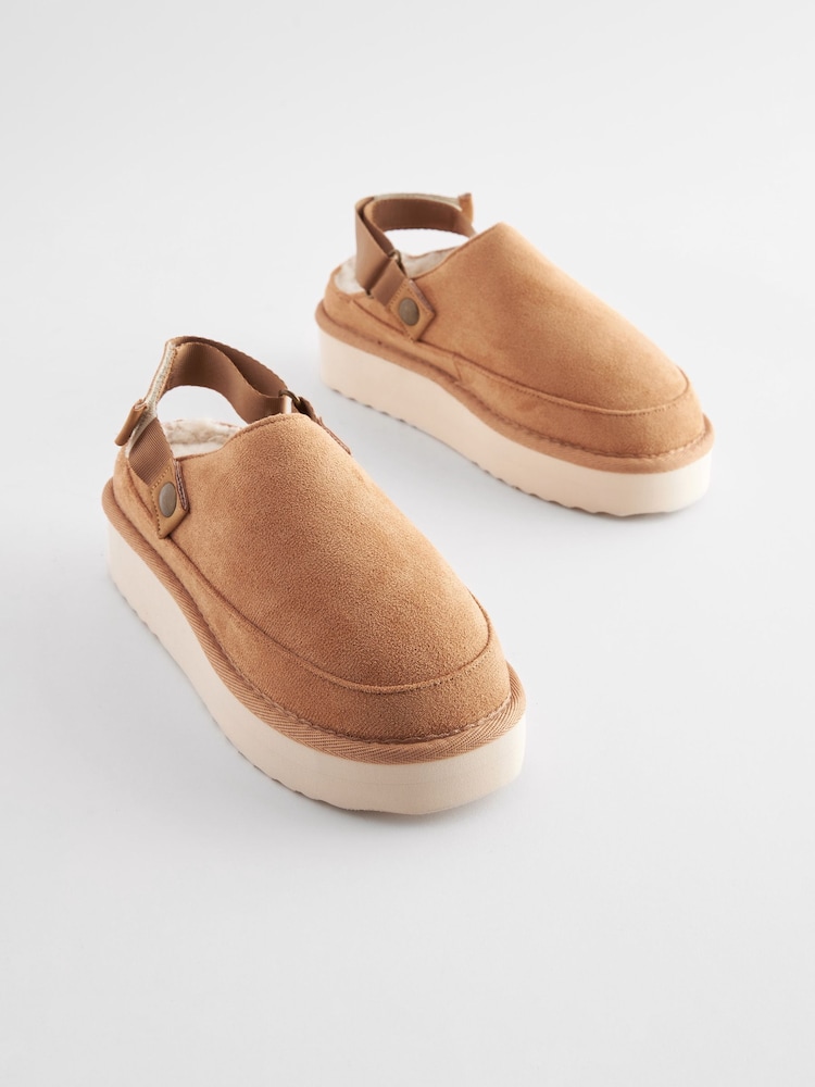 Tan Brown Faux Fur Lined Platform Ankle Strap Slippers - Image 6 of 10