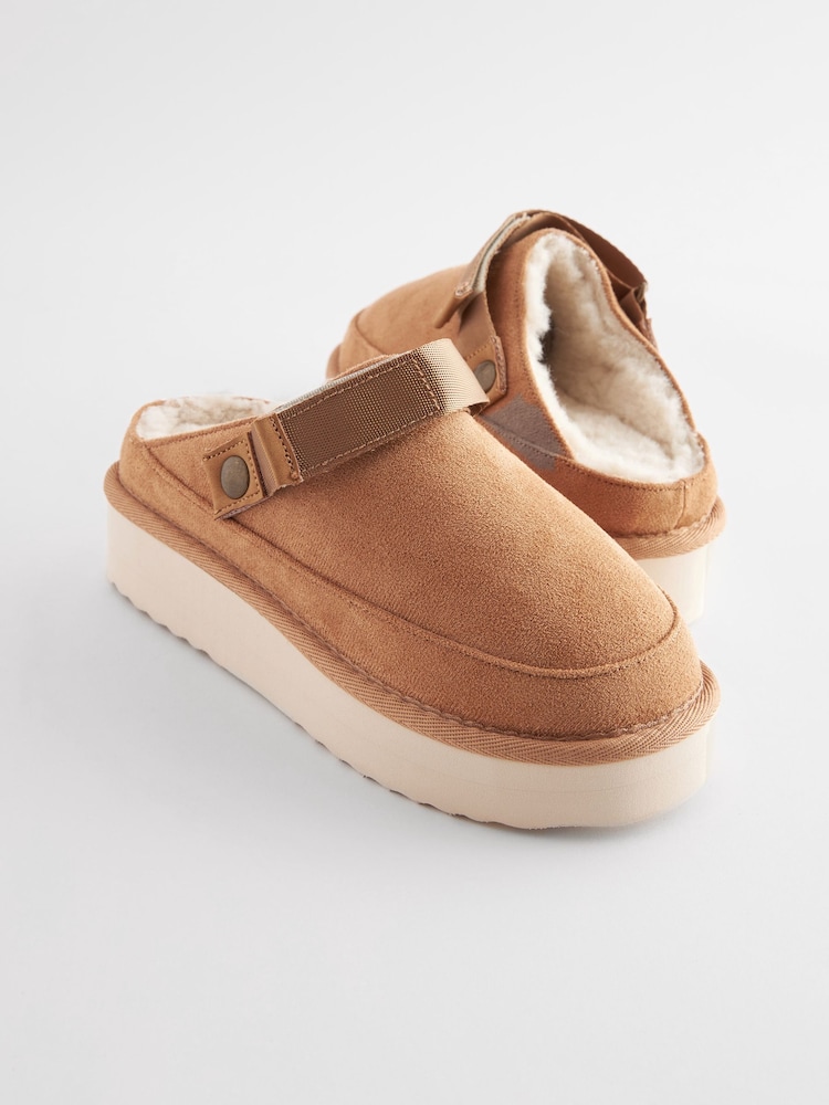 Tan Brown Faux Fur Lined Platform Ankle Strap Slippers - Image 7 of 10