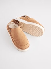 Tan Brown Faux Fur Lined Platform Ankle Strap Slippers - Image 8 of 10