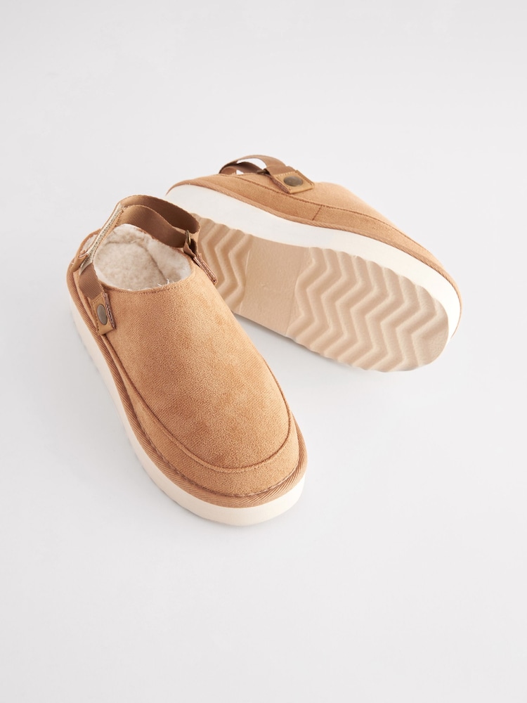Tan Brown Faux Fur Lined Platform Ankle Strap Slippers - Image 8 of 10