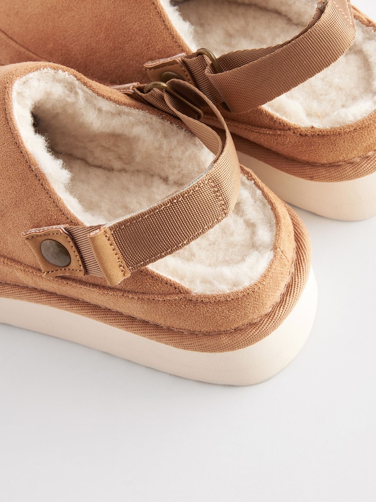 Tan Brown Faux Fur Lined Platform Ankle Strap Slippers - Image 9 of 10
