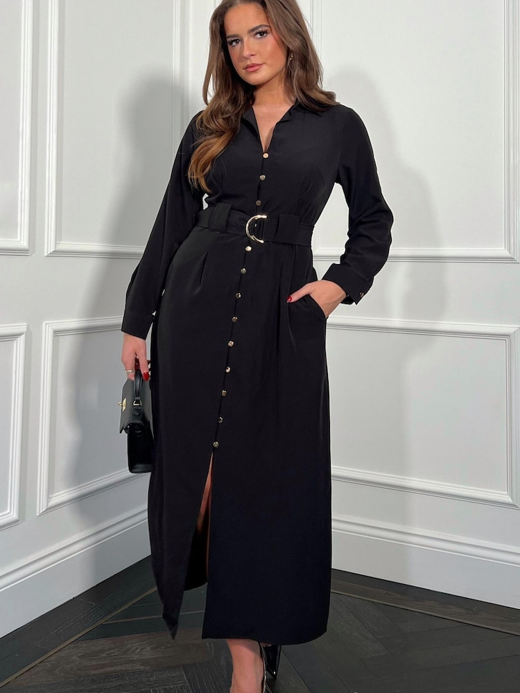 Girl In Mind Black Petite Grace Buckle Detail midi Shirt Dress - Image 1 of 4