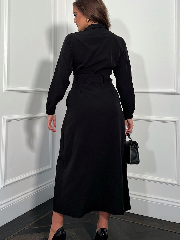 Girl In Mind Black Petite Grace Buckle Detail midi Shirt Dress - Image 2 of 4