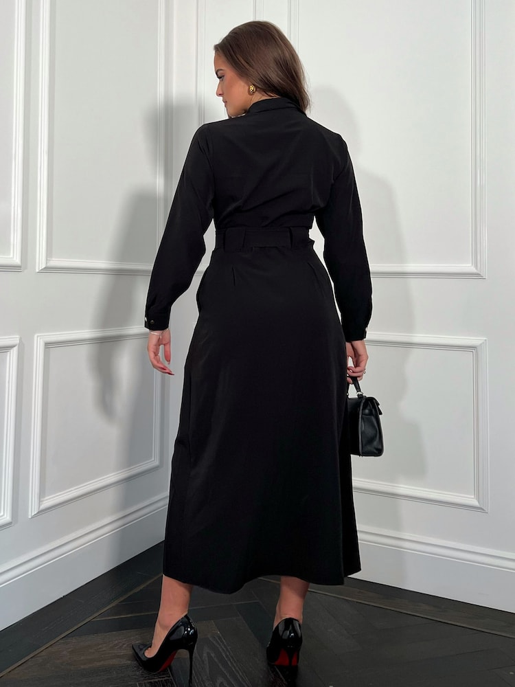 Girl In Mind Black Grace Buckle Detail midi Shirt Dress - Image 2 of 4