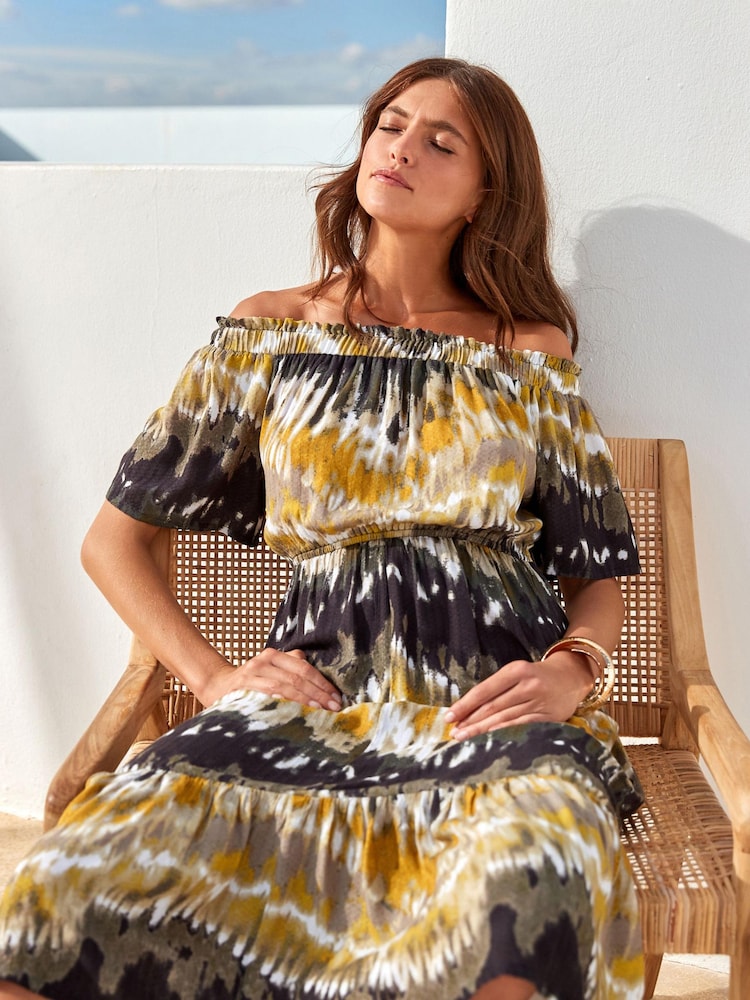 Green Tie Dye Off Shoulder Midi Summer Dress - Image 2 of 6