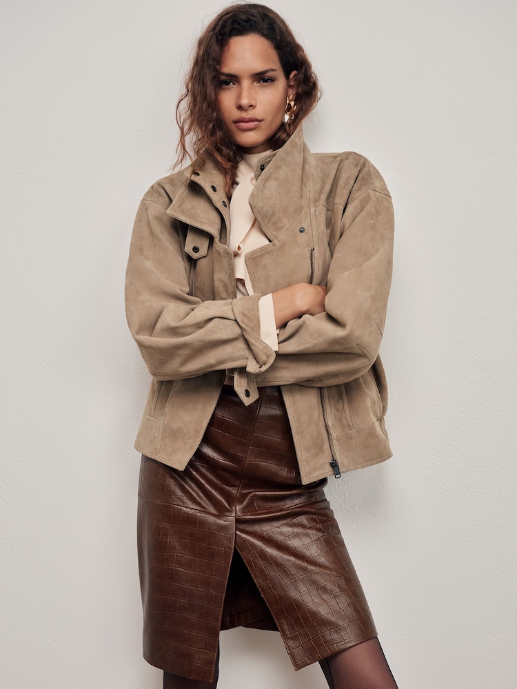Reiss Tan Brown Della Leather Croc-Embossed Midi Pencil Skirt - Image 1 of 8 Reiss Tan Brown Della Leather Croc-Embossed Midi Pencil Skirt - Image 1 of 8