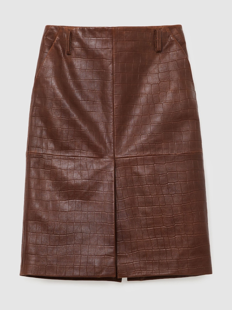 Reiss Tan Brown Della Leather Croc-Embossed Midi Pencil Skirt - Image 2 of 8 Reiss Tan Brown Della Leather Croc-Embossed Midi Pencil Skirt - Image 2 of 8