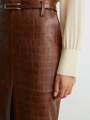 Reiss Tan Brown Della Leather Croc-Embossed Midi Pencil Skirt - Image 3 of 8