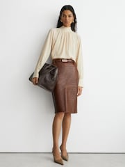 Reiss Tan Brown Della Leather Croc-Embossed Midi Pencil Skirt - Image 5 of 8