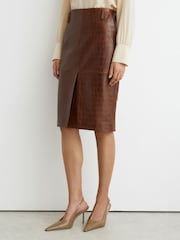 Reiss Tan Brown Della Leather Croc-Embossed Midi Pencil Skirt - Image 6 of 8