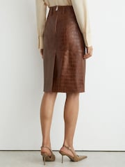 Reiss Tan Brown Della Leather Croc-Embossed Midi Pencil Skirt - Image 7 of 8