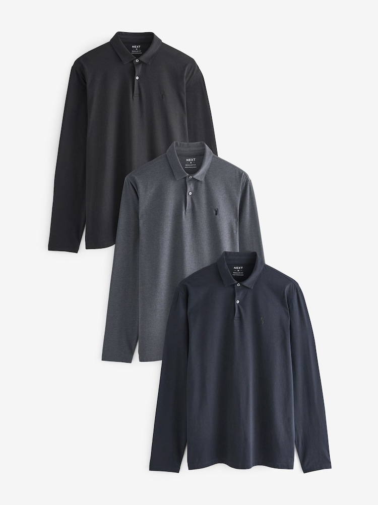 Bleu marine/gris/noir - Lot de 3 polos en jersey à manches longues - Image 1 of 9