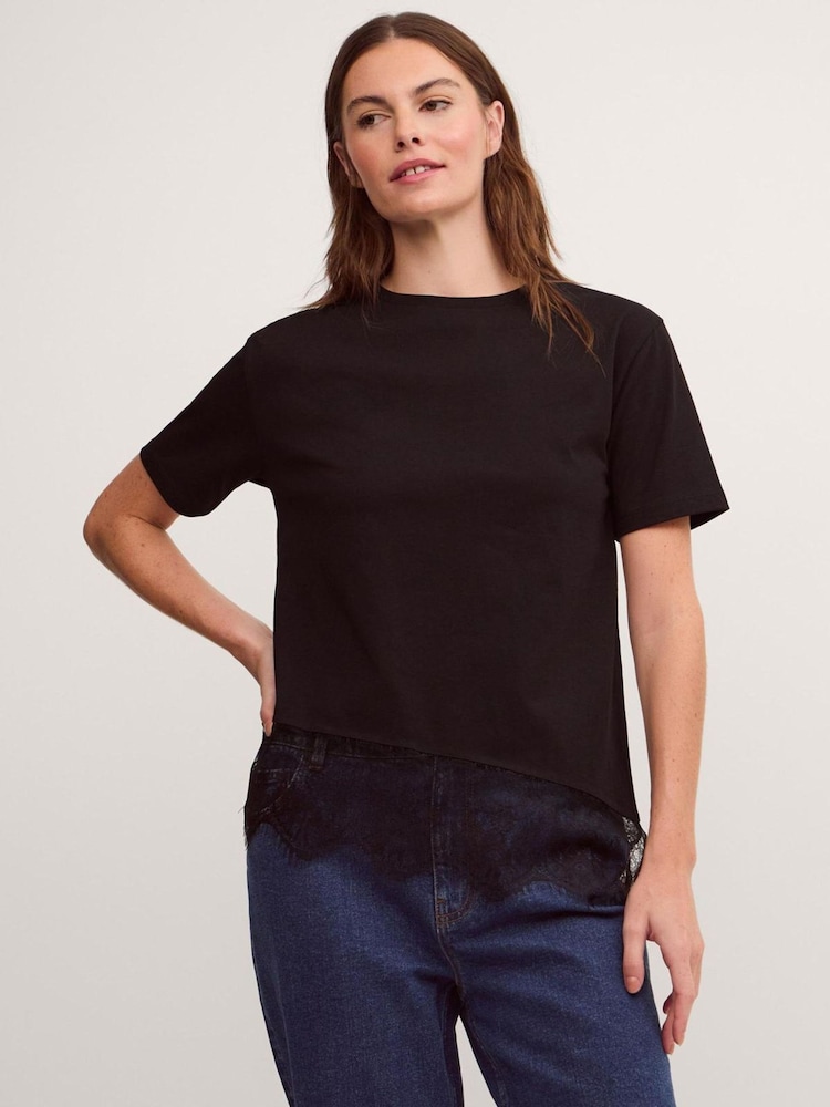 Monsoon Black Lola Lace Trim Jersey T-Shirt - Image 1 of 5 Monsoon Black Lola Lace Trim Jersey T-Shirt - Image 1 of 5