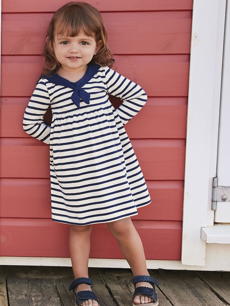 JoJo Maman Bébé Cream Long Sleeve Sailor Jersey Dress - Image 1 of 6