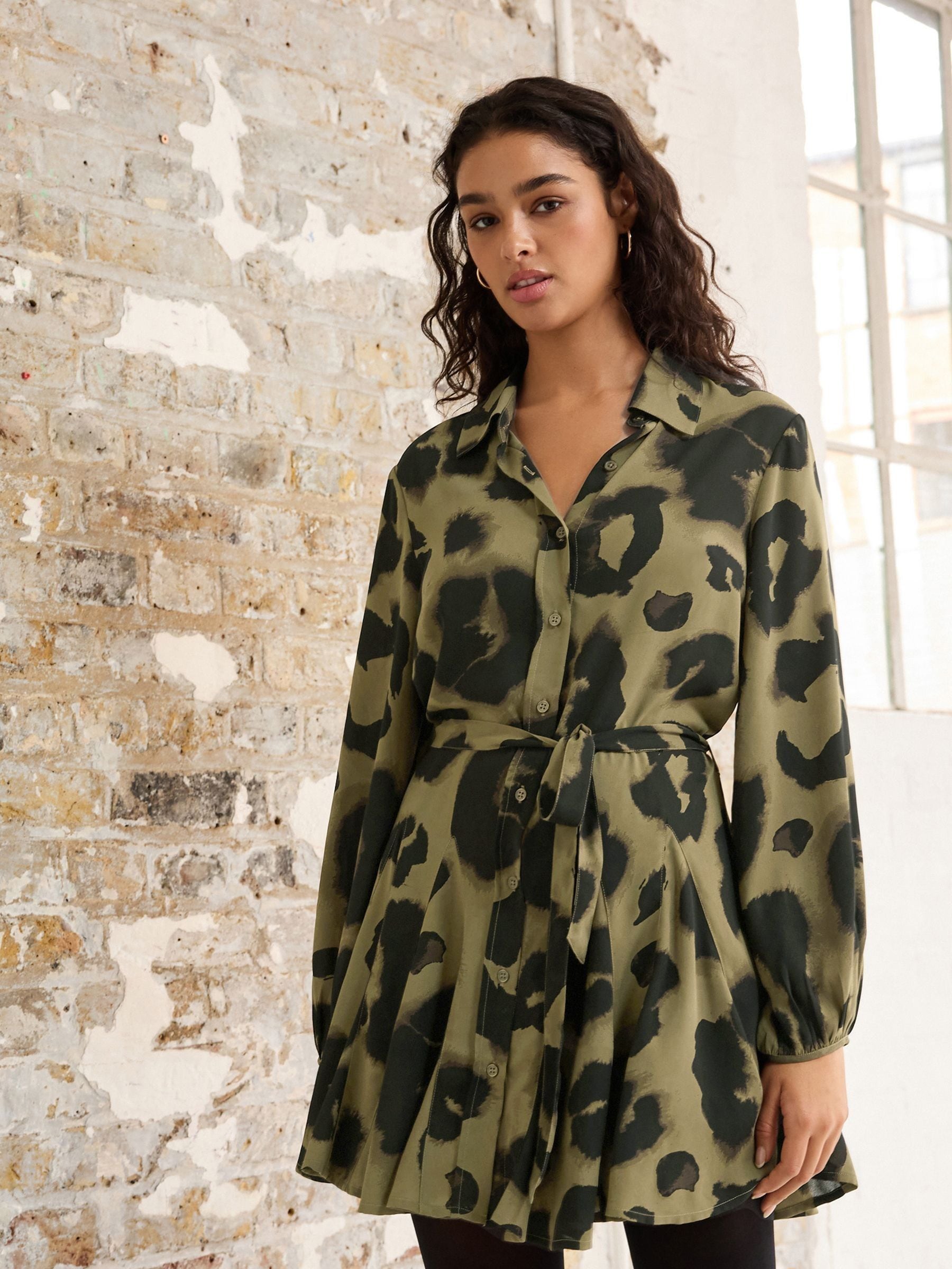 Buy Khaki Green Black Animal Print Mini Tie Belt Shirt Dress from Next Luxembourg