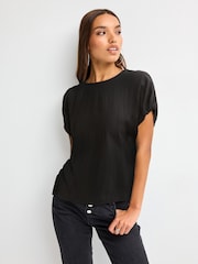 Black Gathered Short Sleeve Textured Boxy T-Shirt - Image 1 of 6