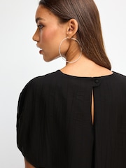 Black Gathered Short Sleeve Textured Boxy T-Shirt - Image 4 of 6