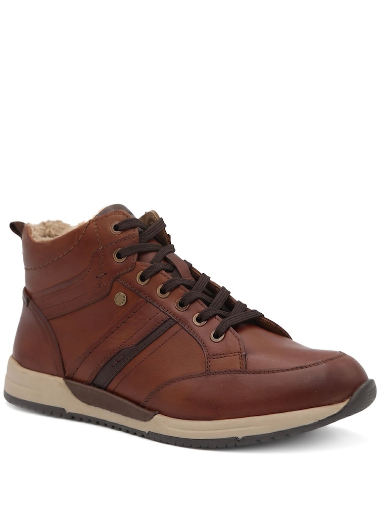 Pavers Brown Wide Fit Leather Faux Fur Lined Hi Top Trainers - Image 1 of 5 Pavers Brown Wide Fit Leather Faux Fur Lined Hi Top Trainers - Image 1 of 5