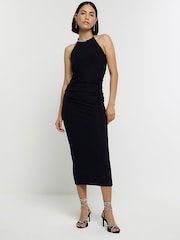 River Island Black Halter Necklace Detail Midi Dress - Image 1 of 6