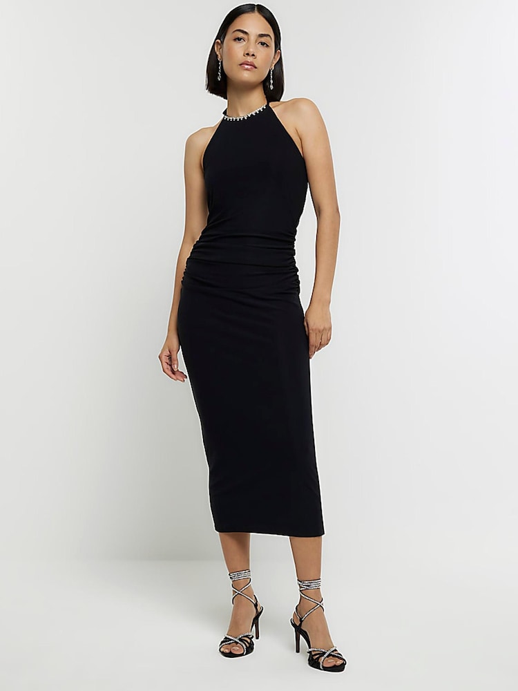 River Island Black Halter Necklace Detail Midi Dress - Image 1 of 6