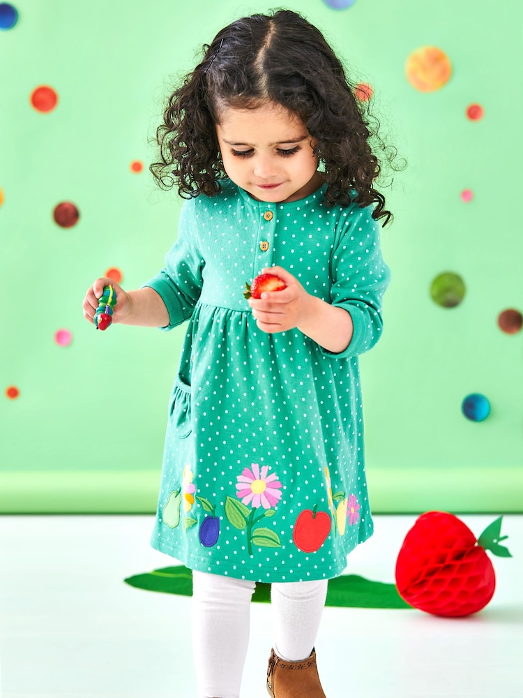 JoJo Maman Bébé Duck Egg Girls' The Very Hungry Caterpillar Appliqué With Pet In Pocket Button Front Dress - Image 1 of 4