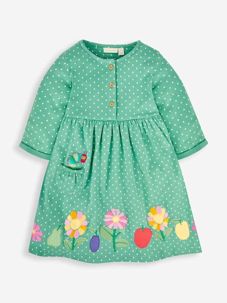 JoJo Maman Bébé Duck Egg Girls' The Very Hungry Caterpillar Appliqué With Pet In Pocket Button Front Dress - Image 2 of 4 JoJo Maman Bébé Duck Egg Girls' The Very Hungry Caterpillar Appliqué With Pet In Pocket Button Front Dress - Image 2 of 4