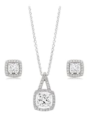 Beaverbrooks Sterling Silver Halo Cubic Zirconia Pendant & Earrings Set - Image 1 of 4