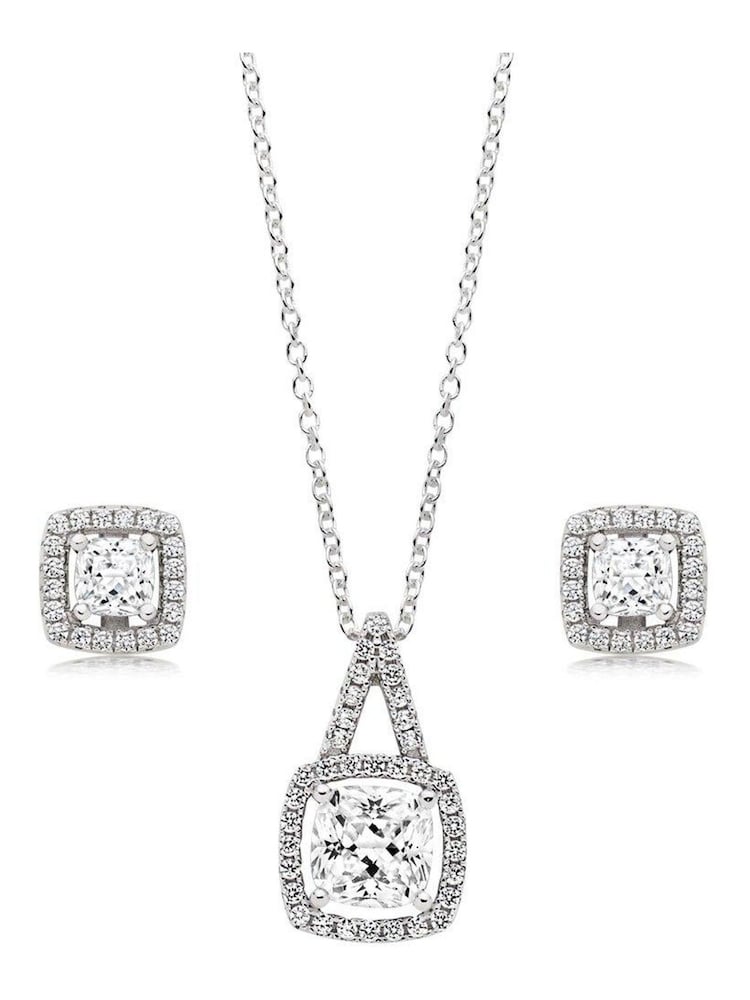 Beaverbrooks Sterling Silver Halo Cubic Zirconia Pendant & Earrings Set - Image 1 of 4