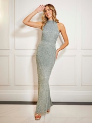 Sistaglam Blue Halterneck Embellished Bead Maxi Dress With Keyhole Back - Image 1 of 4