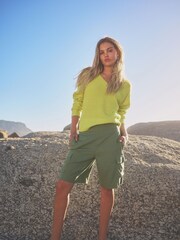 Khaki Green Summer Knee Length Shorts With Linen - Image 1 of 10
