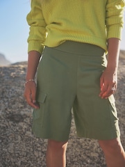 Khaki Green Summer Knee Length Shorts With Linen - Image 6 of 10