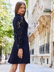 Sosandar Blue Lace Sleeve Fit & Flare Ponte Dress - Image 4 of 5