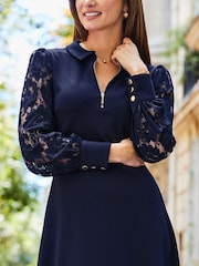Sosandar Blue Lace Sleeve Fit & Flare Ponte Dress - Image 5 of 5