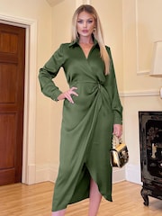 AX Paris Olive Green Wrap Satin Shirt Midi Dress - Image 3 of 4