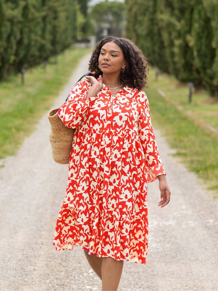 Live Unlimited Curve Red And Stone Tiered Midi Dress - Image 1 of 9