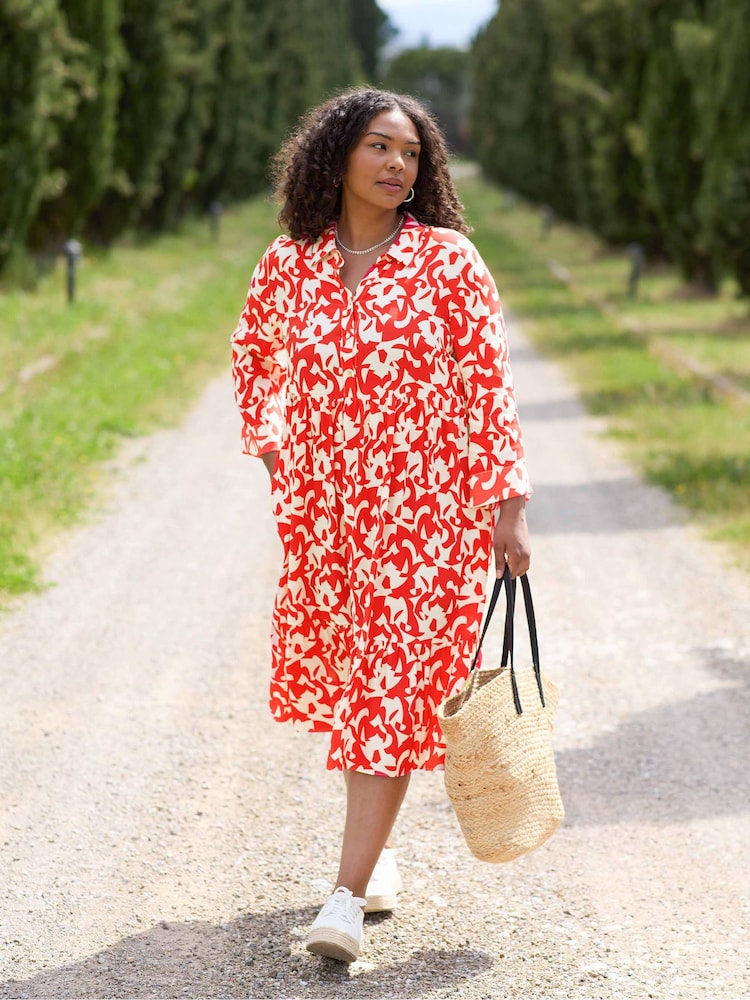 Live Unlimited Curve Red And Stone Tiered Midi Dress - Image 2 of 9