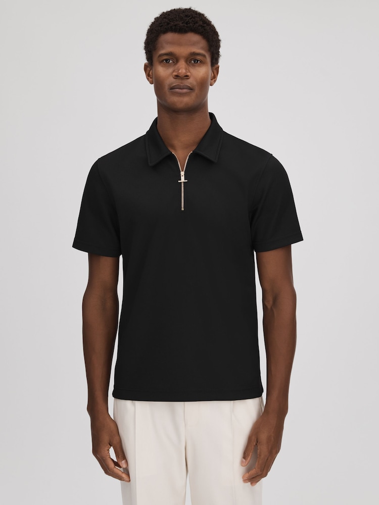 Reiss Black Floyd Slim Fit Half-Zip Polo Shirt - Image 1 of 6