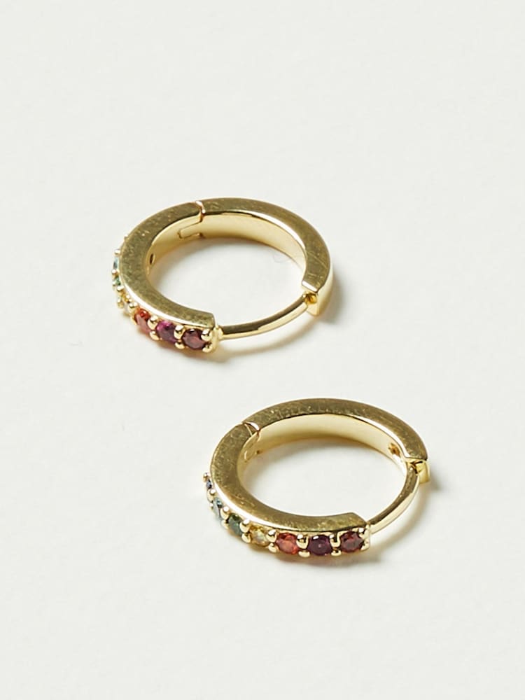 Oliver Bonas Gold Plated Rainbow Stone Inlay Brass Huggie Earrings - Image 2 of 3 Oliver Bonas Gold Plated Rainbow Stone Inlay Brass Huggie Earrings - Image 2 of 3