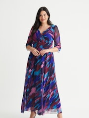 Scarlett & Jo Purple Pink & Blue Float Isabelle Curve Angel Sleeve Maxi Dress - Image 1 of 4